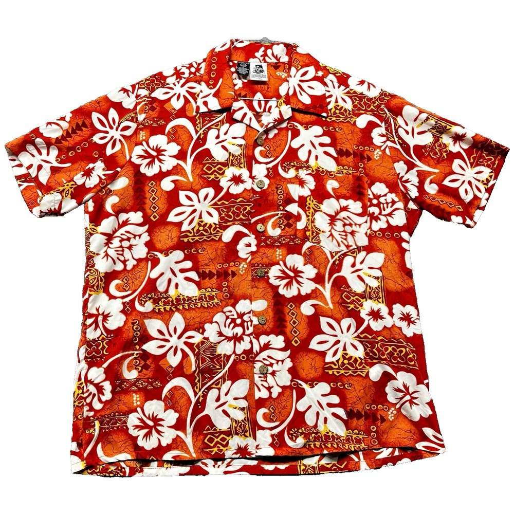 Kennington Short Sleeve Hawaiian Shirt Mens L Orange Floral Hibiscus Aloha